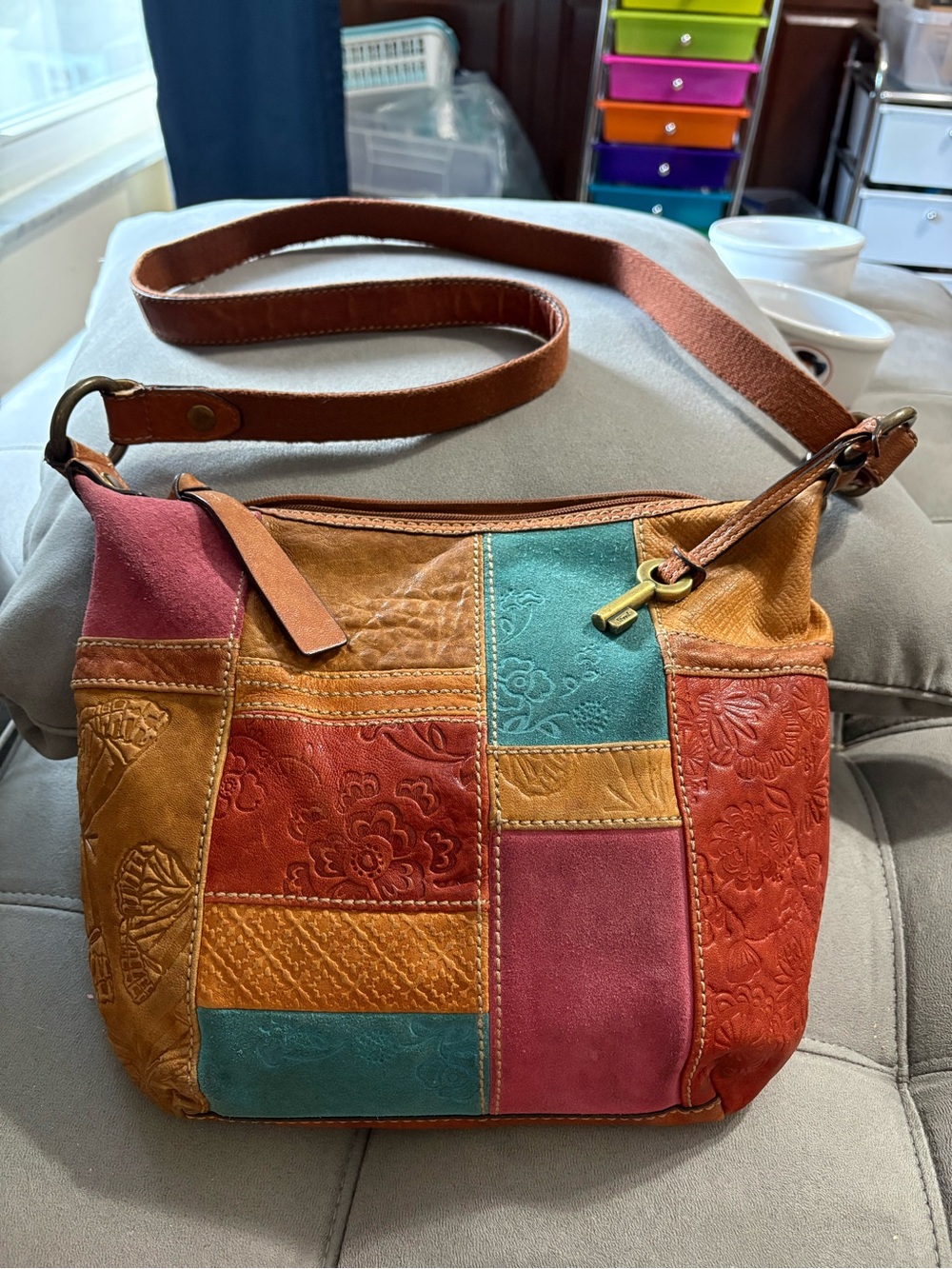 Fossil Genuine Leather Suede Patchwork Butterfly Flower Imprint Shoulder Bag 41”